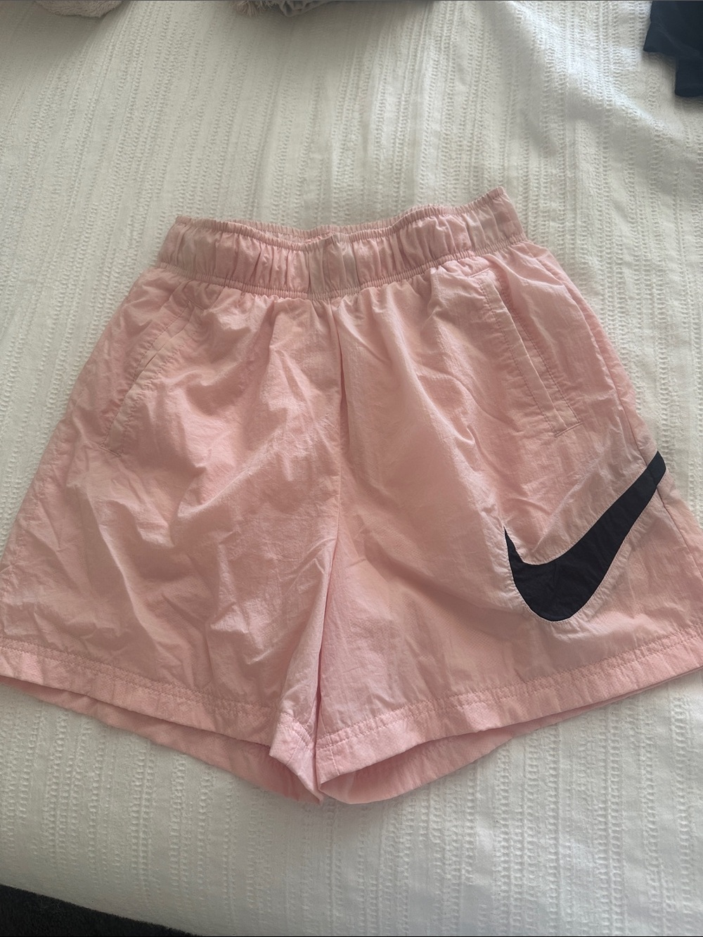 Nike Vintage Y2K Windbreaker Light Pink Women's Athletic Shorts with Black Swoos